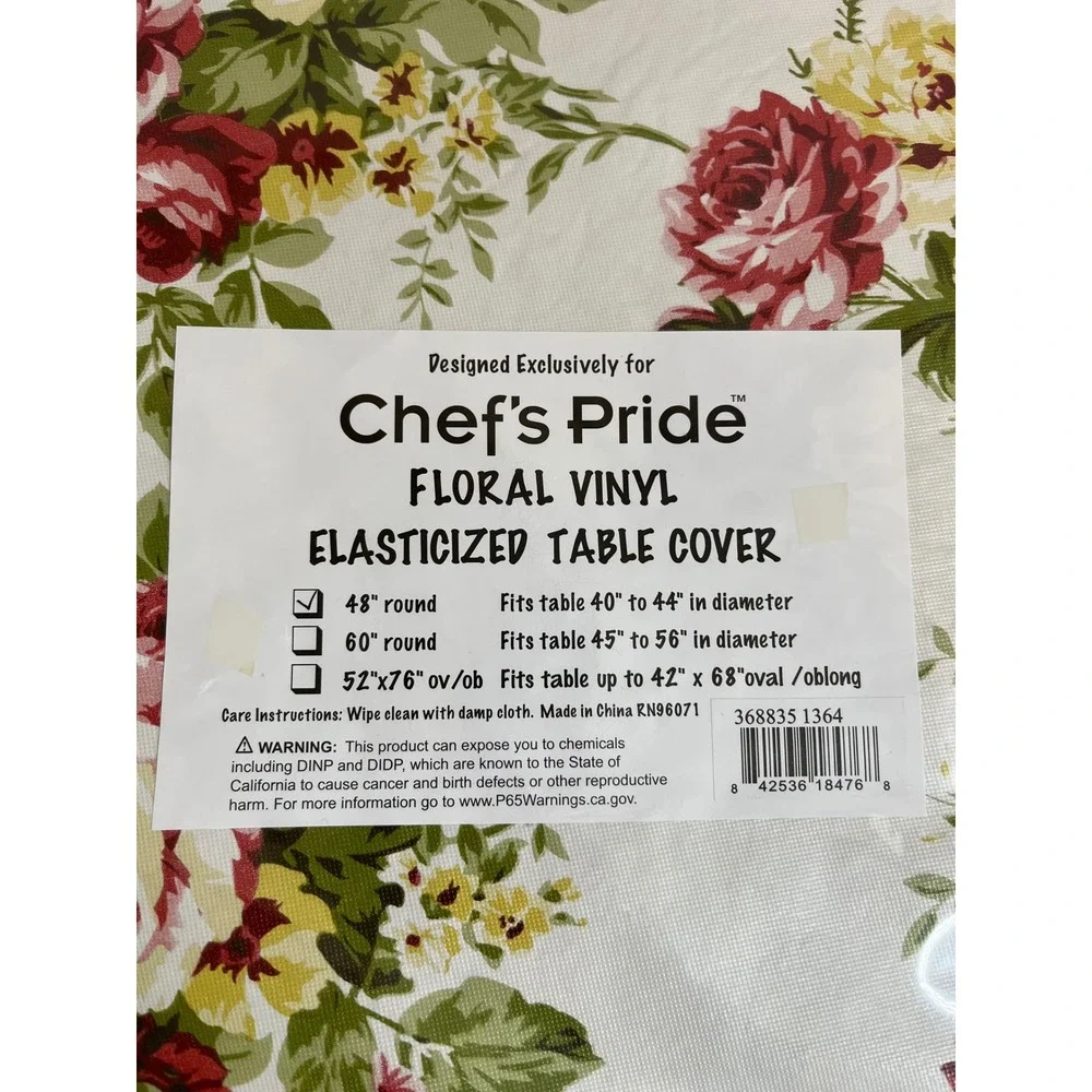 Chef's Pride Floral Vinyl Elasticized Table Cover 48 Inch Round Red Yellow Rose